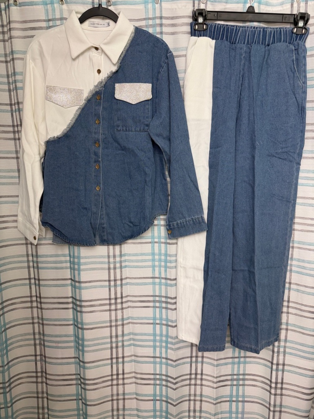 Two-Tone Denim Button-Up Shirt with Matching Side-Panel Pants - Blue & White